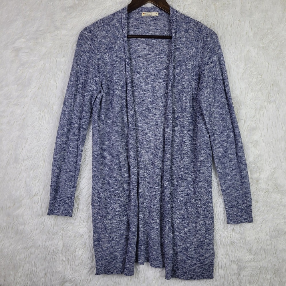 Marine Layer Womens Blue Marled Cotton Open Front Cardigan Sweater Pockets Small